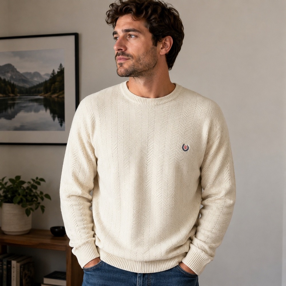 Chaps Ralph Lauren Mens Size XL Hand Framed Textured Knit Sweater Cream Cotton
